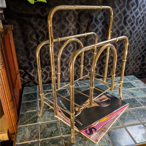 Vintage MCM Polished Brass Faux Bamboo Magazine Rack or Blanket Wood Book Holder - Picture 2 of 8